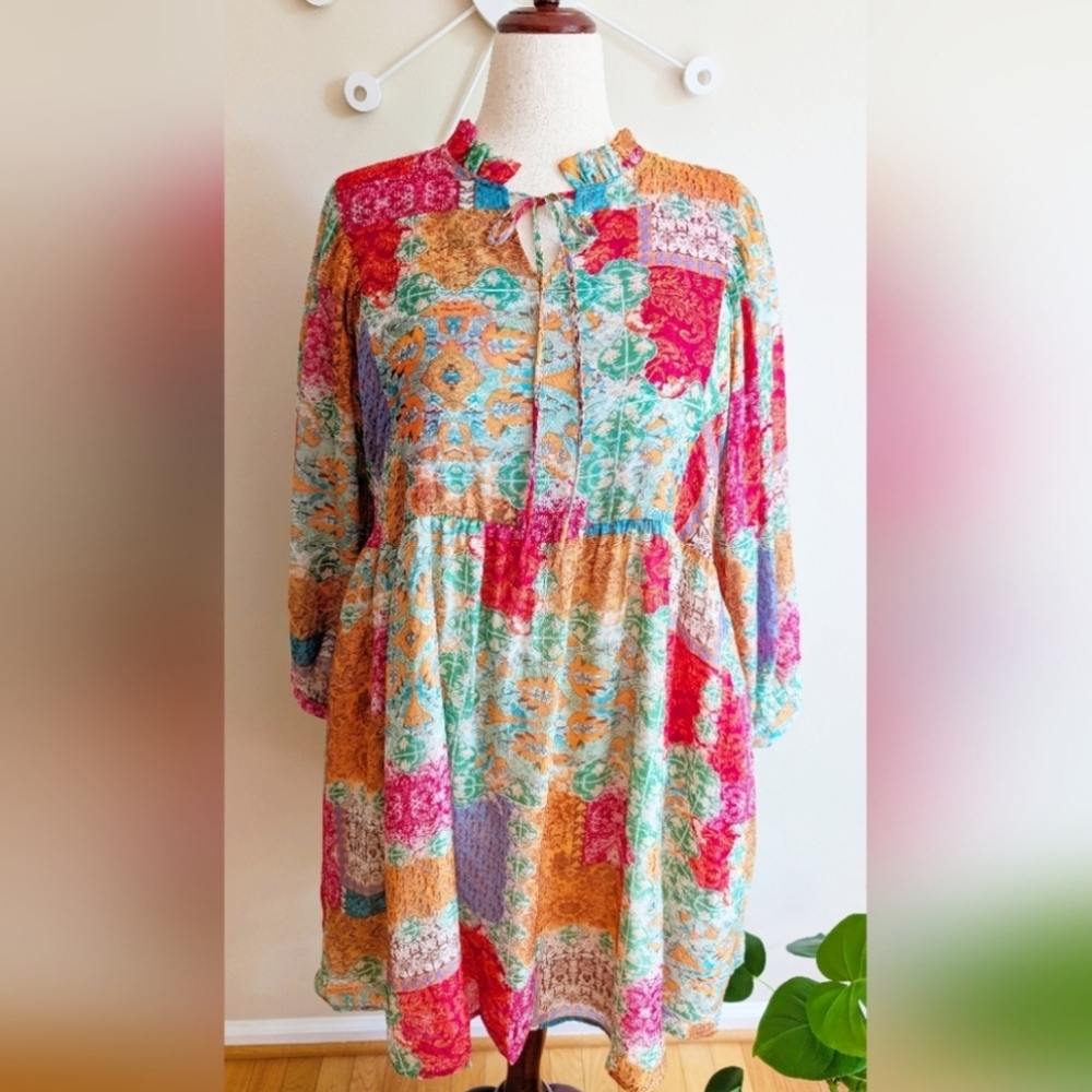NWT Mosaic Bohemian 2X Dress, Patchwork, Plus Boho Boutique Closeout